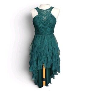 Teeze Me Women's Emerald Green High Low Party Dress Size 0 Lace Glitter Ruffle